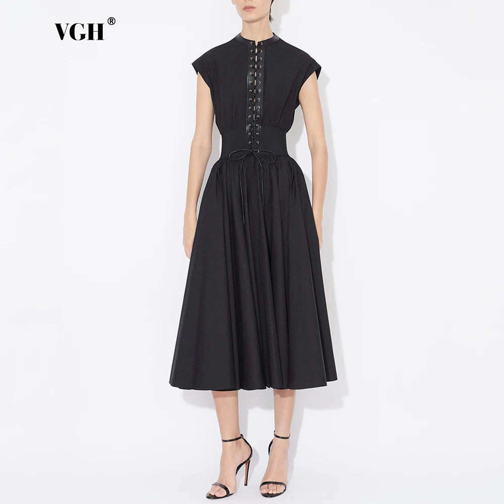 

VGH Temperament Slimming Spliced Lace Up Solid Dresses For Women Round Neck Sleeveless High Waist Draped Chic Dress Female New