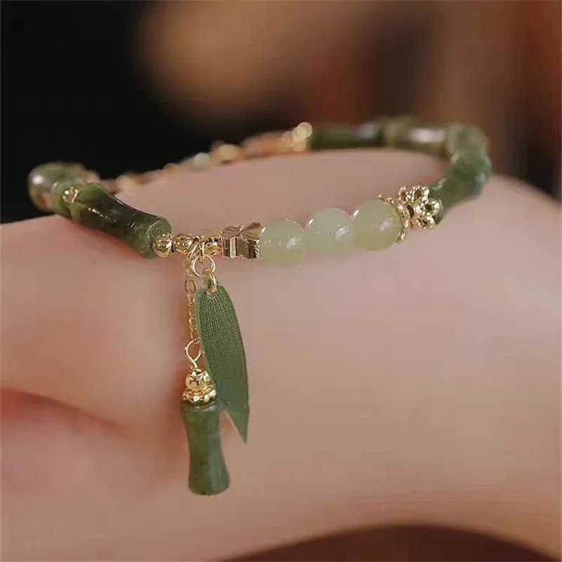 1Pcs Handmade Green Color Natural Stone Bamboo Joint Leaves Tassel Beads Strand Beaded Bracelet for Women Accessories