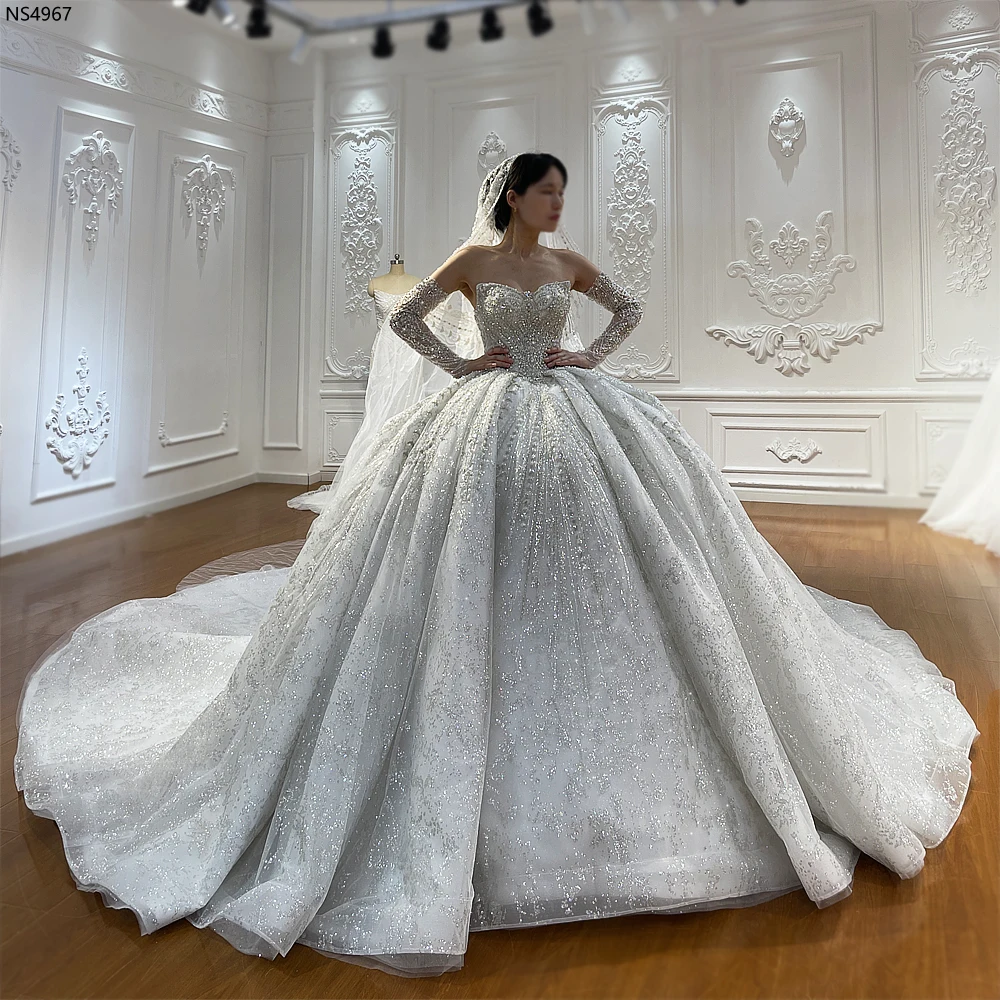 knee length dresses for ladies Classy Elegant Strapless Plunging Neckline Juliet Sleeve Shinny Glitter Bridal Gown 42 main image 0