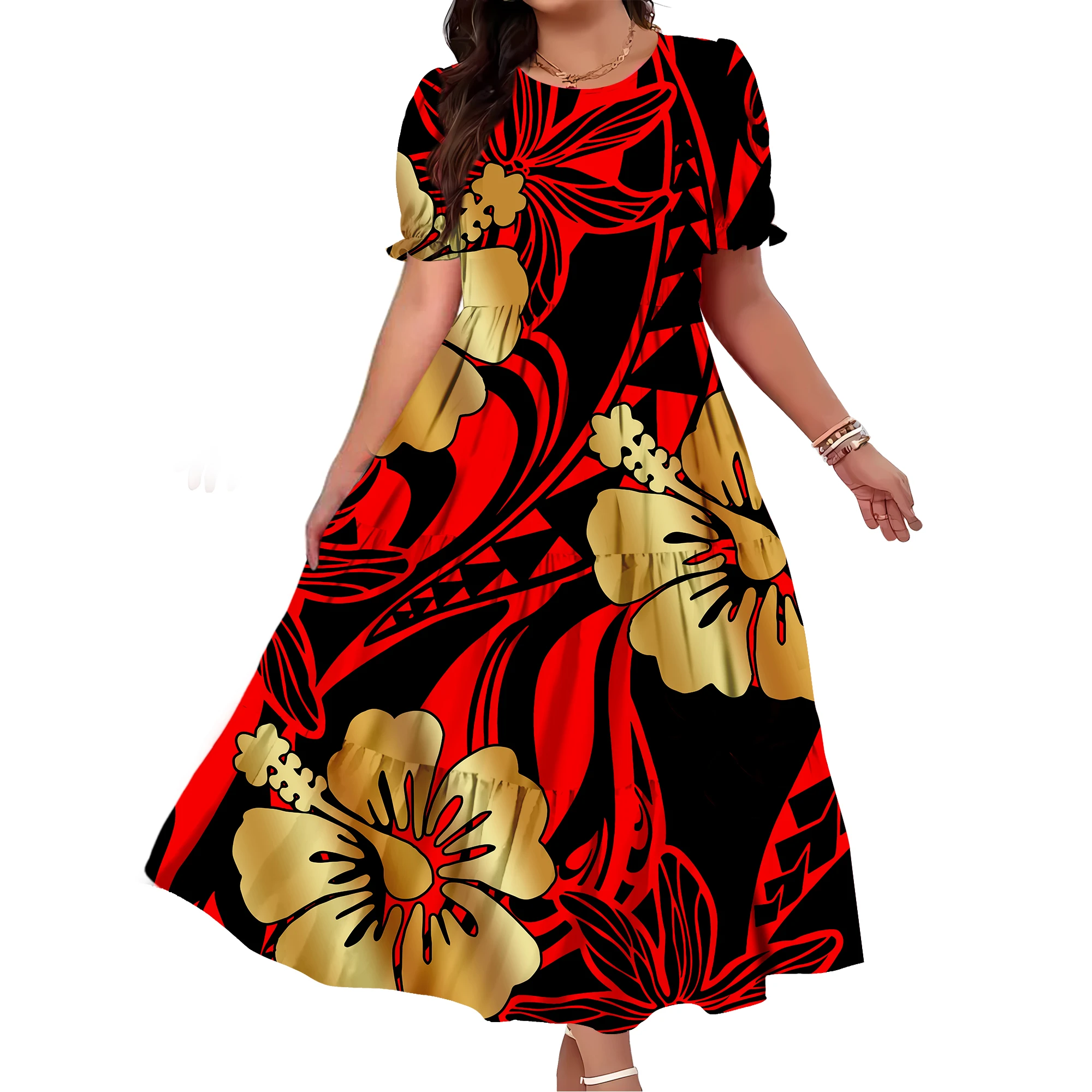 Nuevo vestido largo informal de cintura alta con mangas abullonadas y cuello redondo para mujer de verano con estampado Floral polinesio