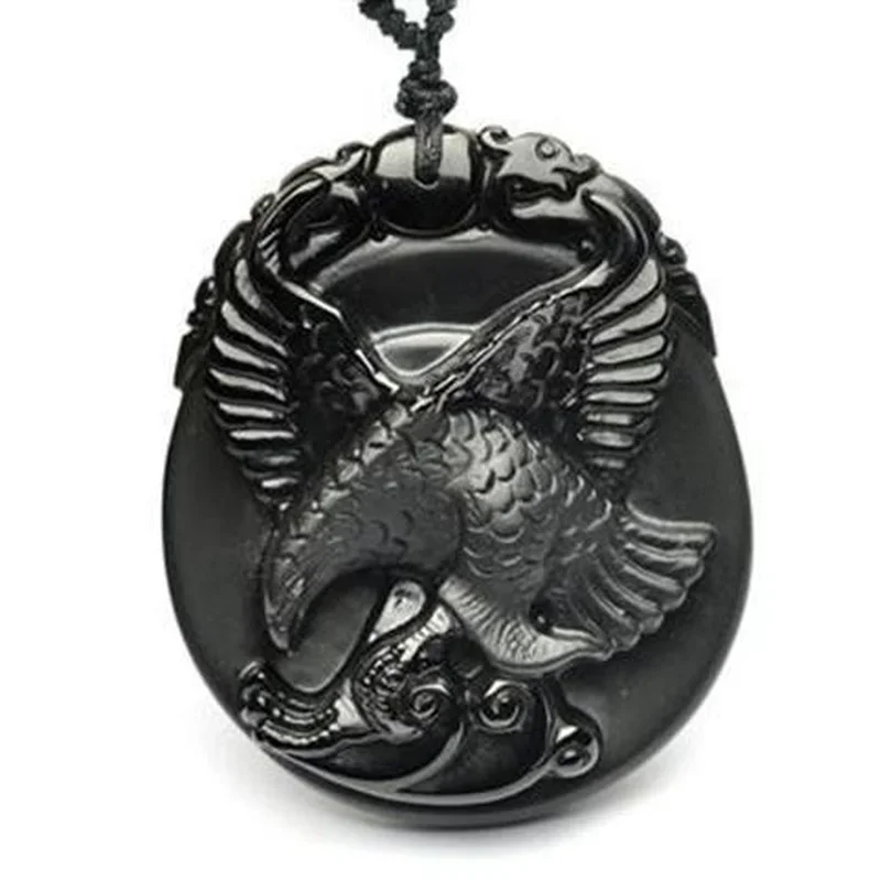 

Obsidian Eagle Pendant Natural Hand Carving Eight Trigrams Natural Jade Necklace Fashion Amulet Luck Gifts Men Sweater Chain
