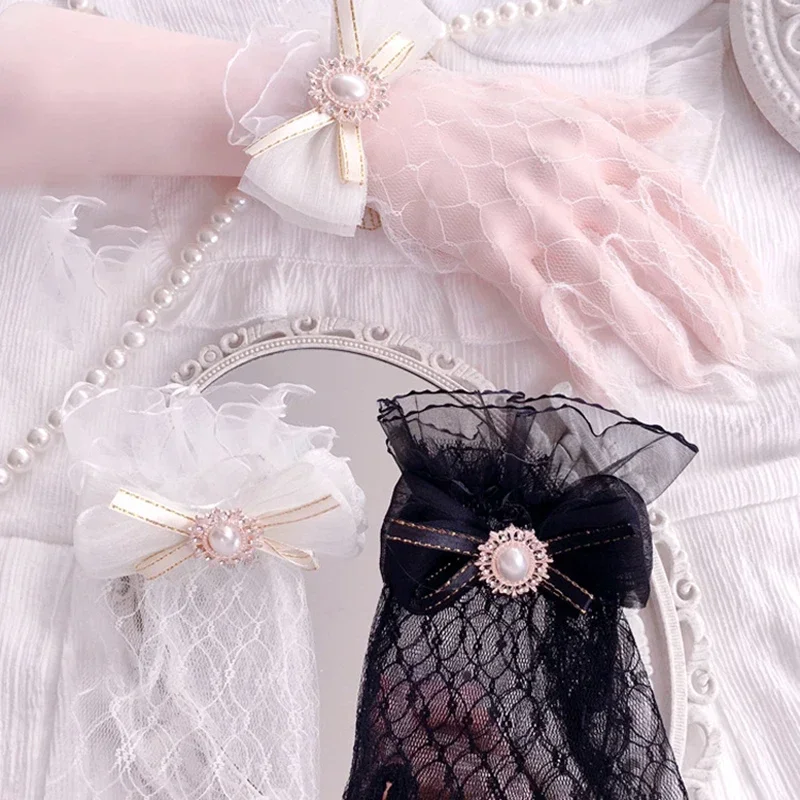 Dziewczyna Lolita Mesh Bow Flower koronkowe rękawiczki czarne białe koronkowe rękawiczki lolita koronkowe rękawy biżuteria Cosplay