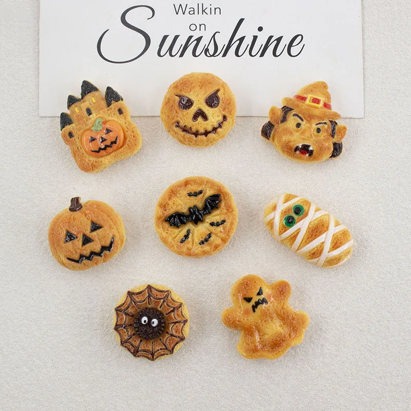 8pcs Halloween Resin Horror Series Cookie Pumpkin Castle Bat DIY Handmade Cream Gum Accessories Hair Clip Keychain Pendant