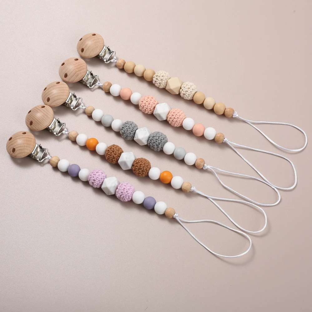 Beech Wood Dummy Holder Clips Wooden Felt Ball Silicone Beaded Baby Pacifier Chain For Food Grade Appease Nipple Chain Care Toy