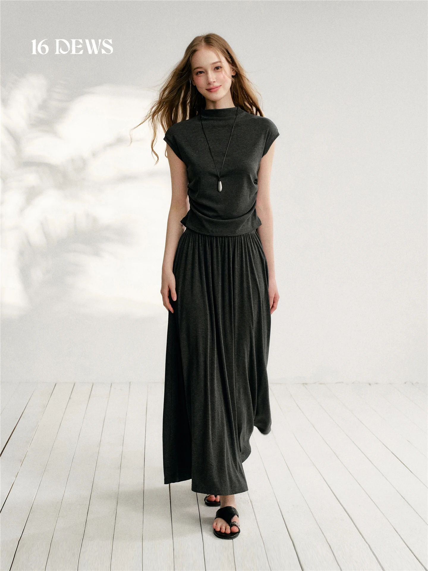 

16DEWS Vintage Casual Lazy Style Women's Half High Collar Waist-Cinched Short Sleeve Top And Skirt Two-Piece Set