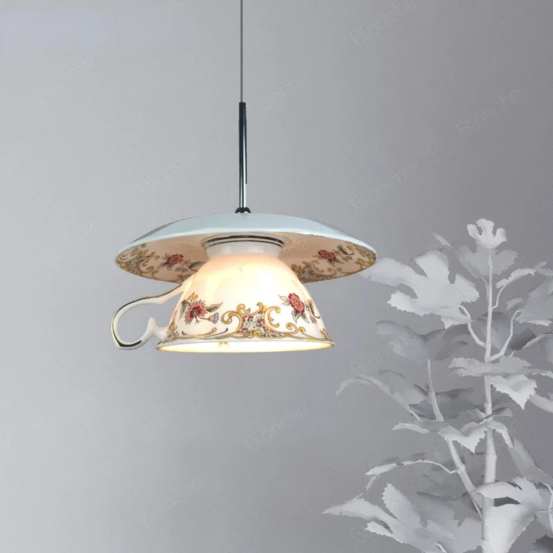 

Modern Ceramic Pendant Lights Chinese Style Hanging Lamp Led Tea Cup Teapot Light Fixtures Living Room Kitchen Bedroom Luminaire