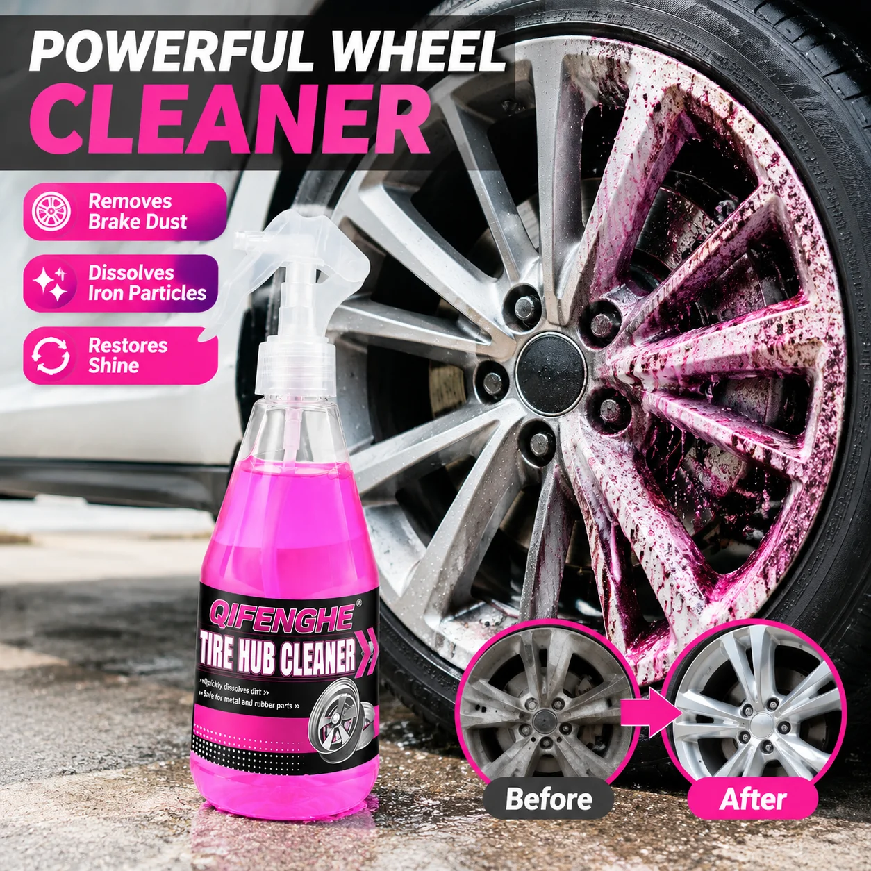 Wheel Cleaner Spray - Powerful Brake Dust & Iron Remover for Alloy Steel Rims, Restores Shine