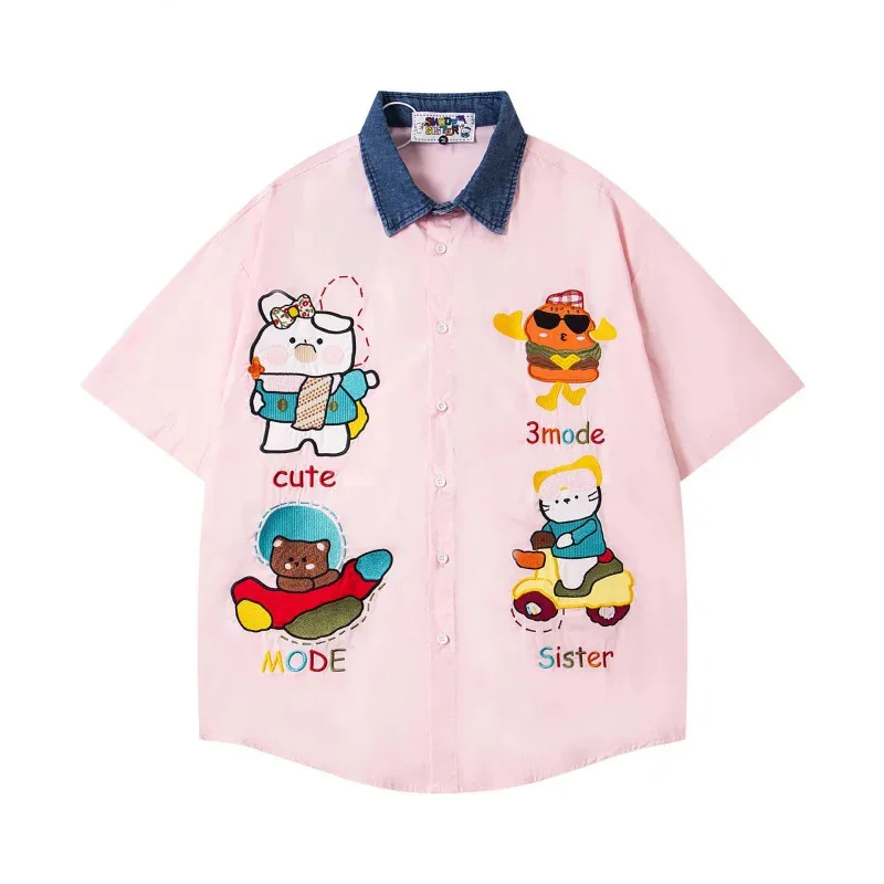 

HELLOMARCEL Top Quality EU US Size Luxury Street Wear Embroidery Catoon Cute Design Cotton Casual Shirt for Men Women