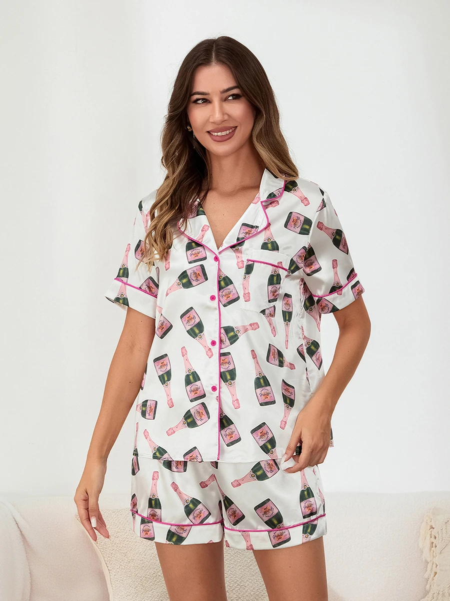 Women s 2 Piece Pajama Set Lapel Neck Short Sleeve Button Down Tops Elastic Waist Shorts Beverage Bottle Print Lounge Outfits