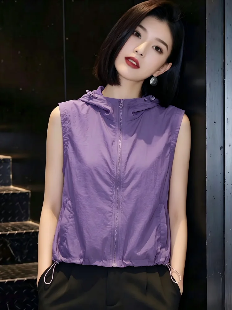 Lightweight Loose Women's Sleeveless Hooded Vest 2024 Spring Summer Outdoor Casual Pure Color Zipper Style Linen  Shirt