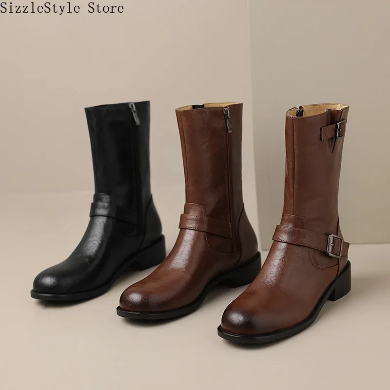 Fashion Solid Color Double Buckle Decoration Round Toe Large Tube Circumference Large and Small Size Women's Short Boots