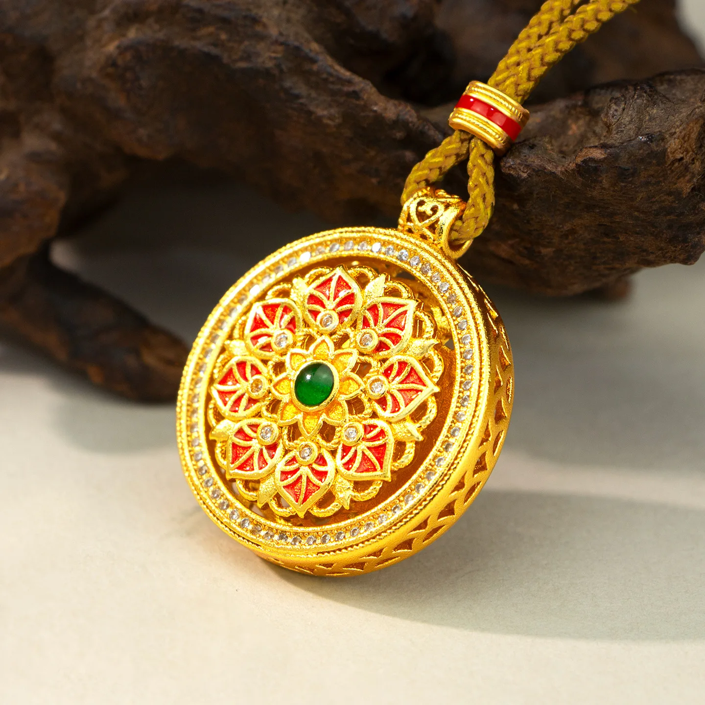 9999 gold "Flourishing Wealth" pendant in court style with hollow lotus-shaped charm and dragon-shaped clasp for collar chain.