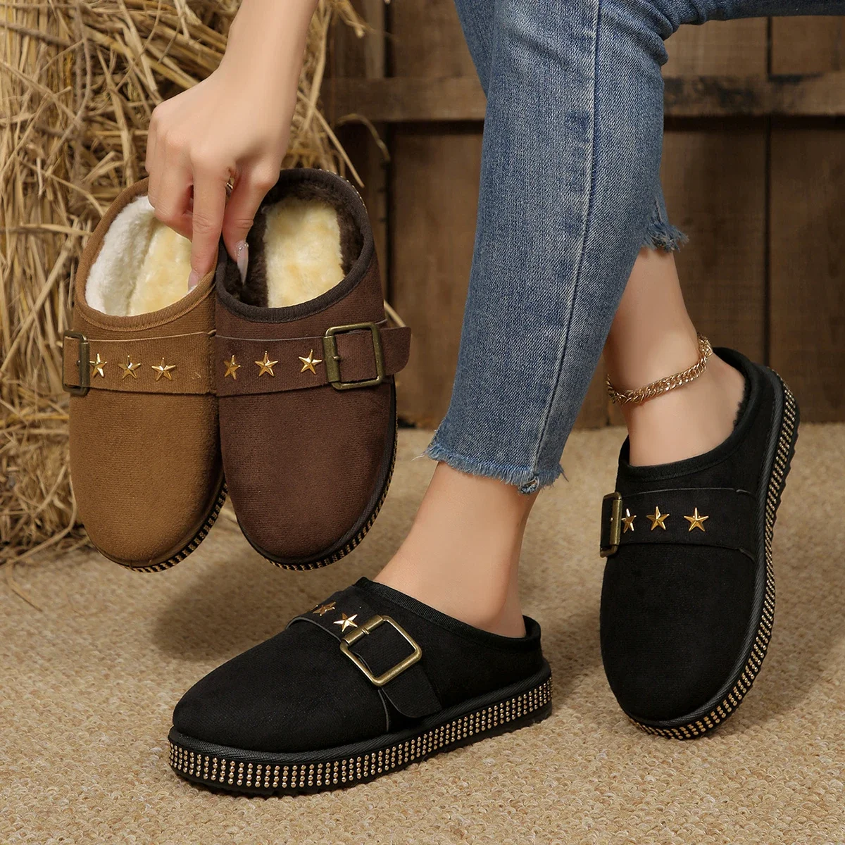 

Зимние легкие удобные элегантные сексуальные тапочки на плоской подошве, новые модные бархатные теплые повседневные хлопковые тапочки с круглым носком для женщин