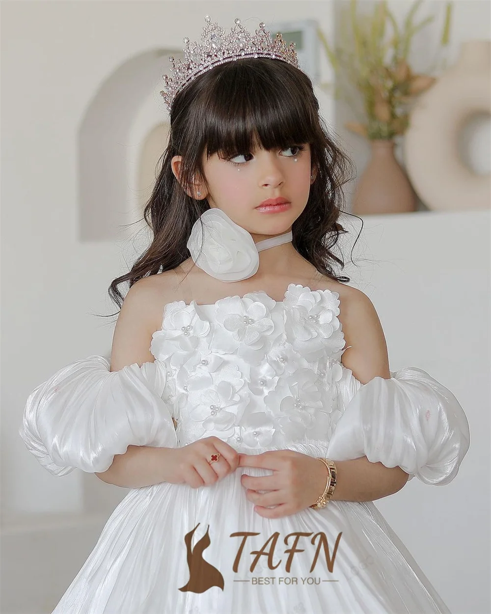 TAFN 3D Appliques Short Flower Girl Dresses Detachable Sleeves Formal Dresses for Kids A-line Children Party Gown Customized