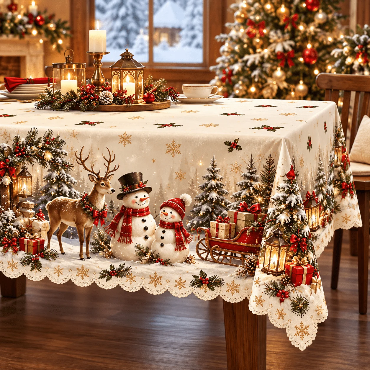 1 square tablecloth, Christmas snowman elk snow print polyester tablecloth, Christmas tree gift sleigh lantern snowflake element