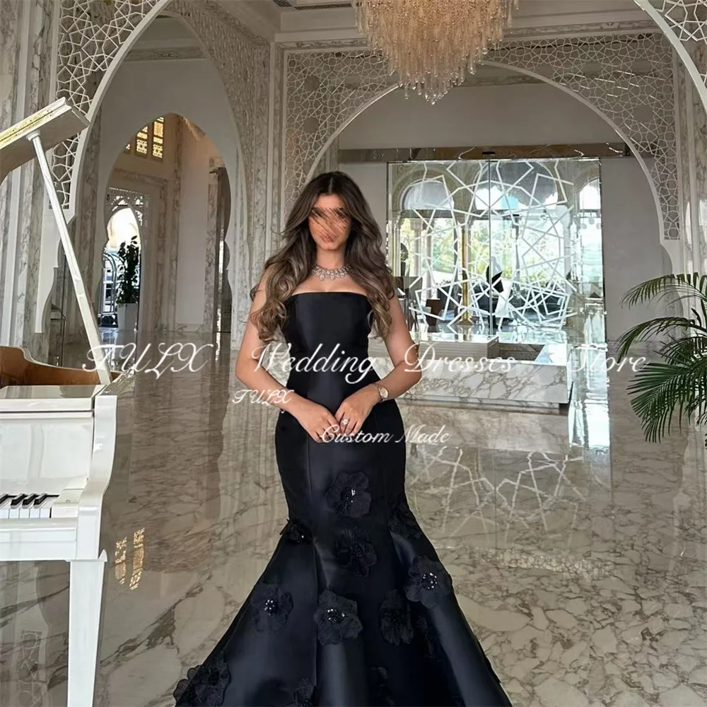 TULX Elegante abito da sera lungo a sirena nera Donna Fiori fatti a mano Abiti da ballo formali Arabia Saudita Vestido De Festa Personalizzato