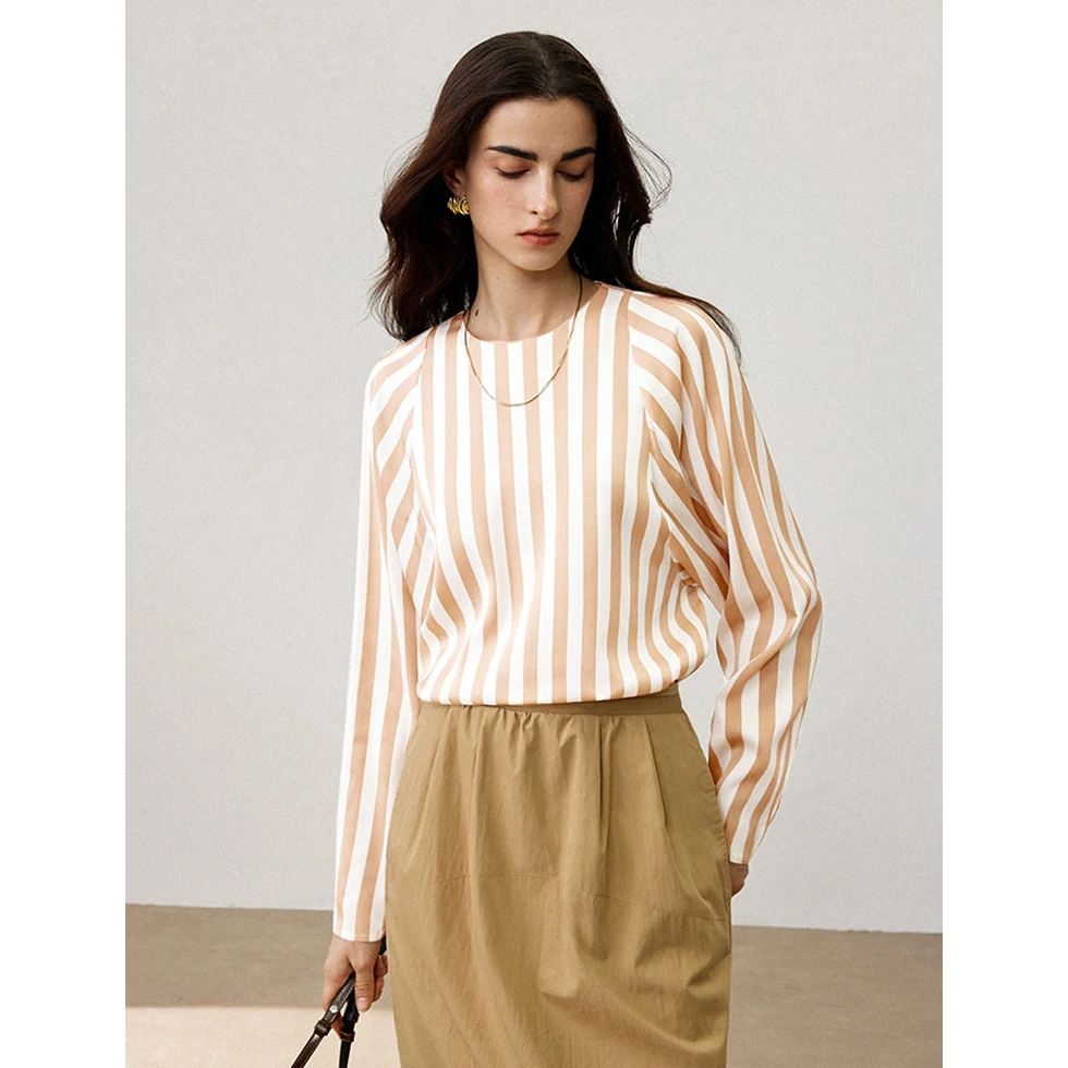 

Женская футболка Ningxia Jian Heavyweight из эластичного шелка, 30 мм, гладкая, дышащая, с круглым вырезом, рукавами «летучая мышь» и вертикальными полосками