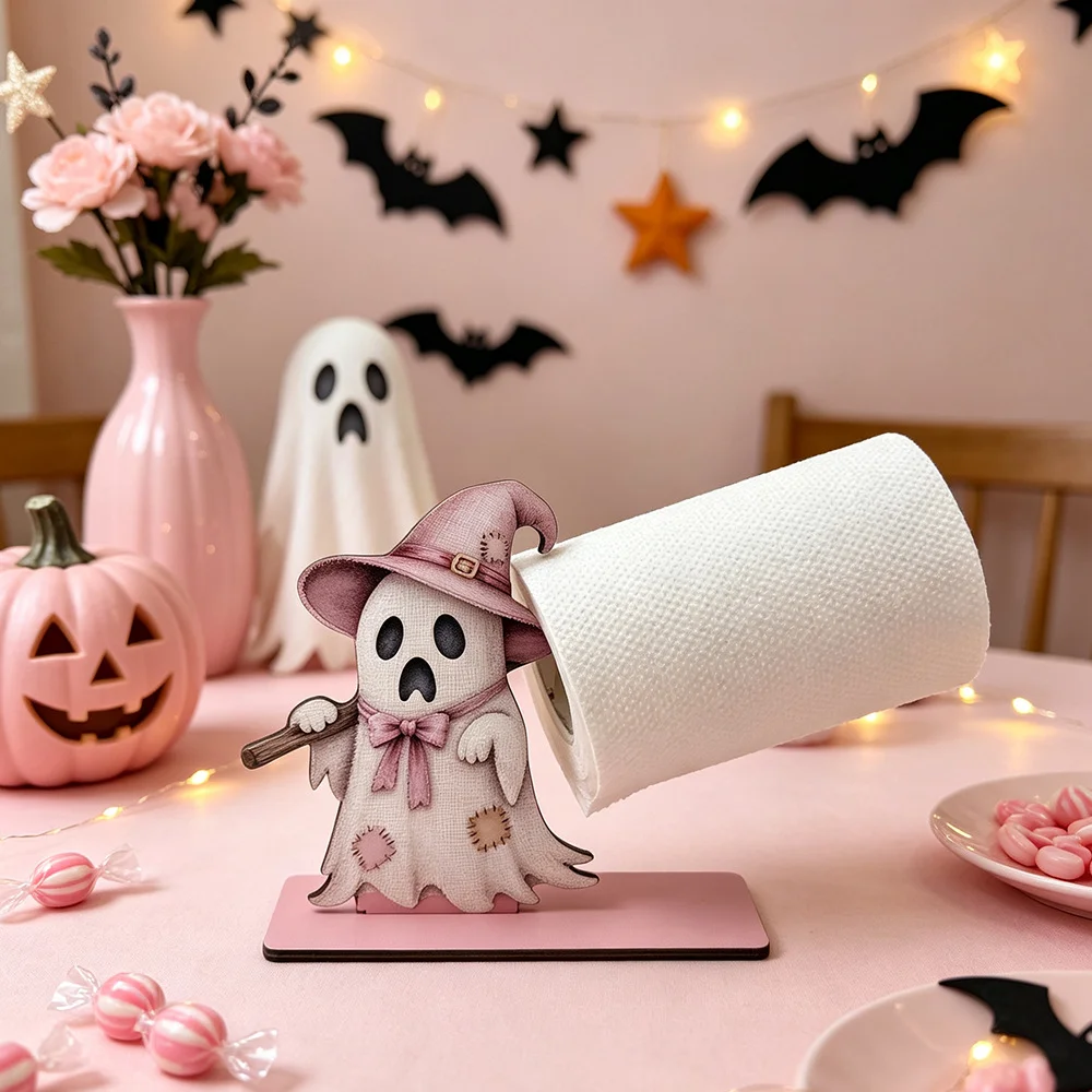 Halloween Ghost Wooden Paper Towel Holder Cute Ghost Cat Kitchen Roll Paper Stand Desktop Organizer Halloween Party Home Decor