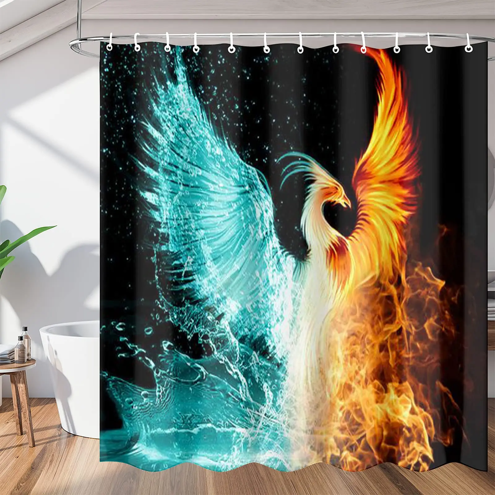 Fantasy Phoenix Shower Curtain Fire Burning Rising Phoenix Mystic Bird Waterproof Fabric Shower Curtains for Bathroom with Hooks