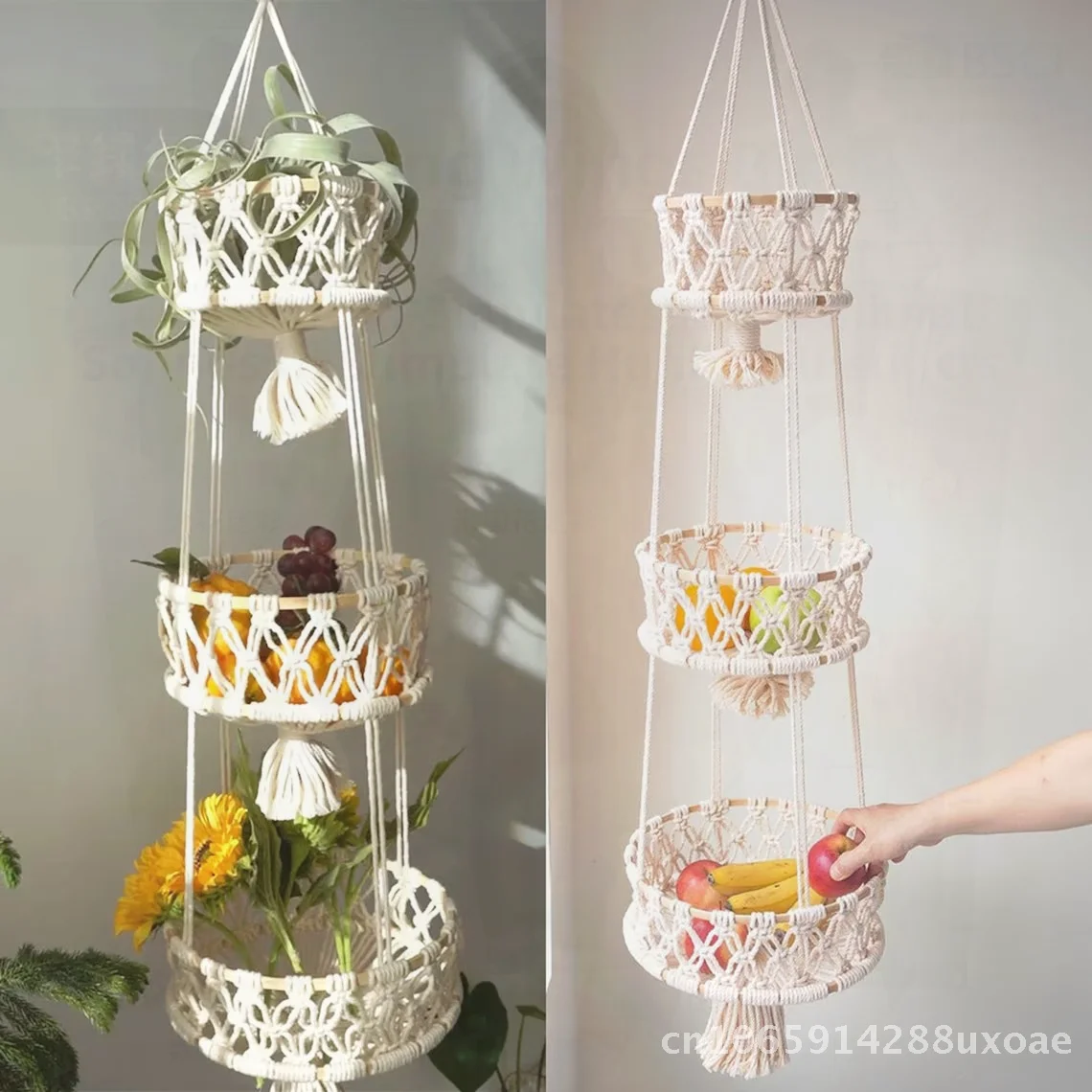 Cotton rope hand-woven tapestry bamboo ring net pocket fruit hanging basket bohemian style decorative plant flower basket