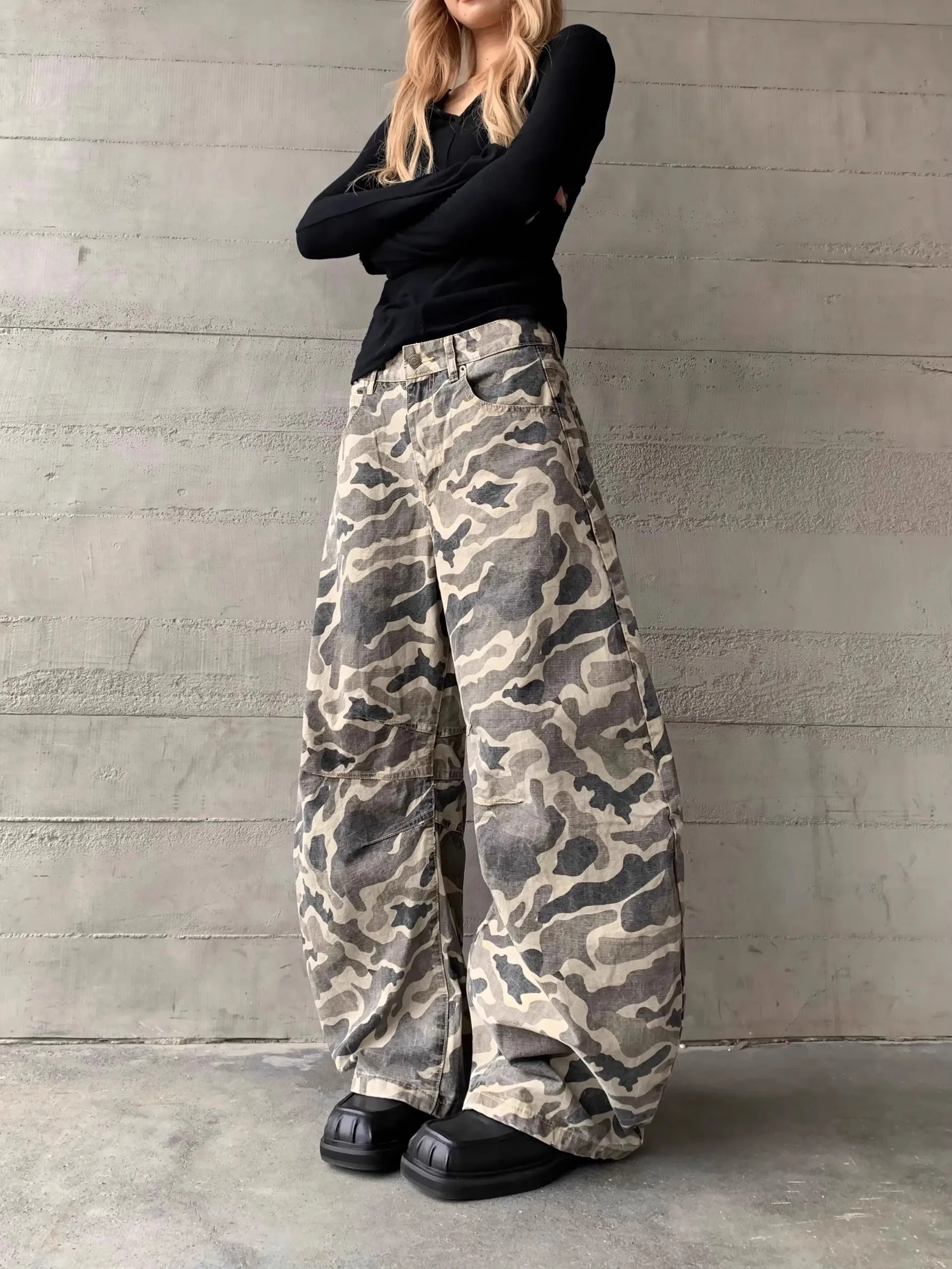 

Street Sle Американские широкие брюки для девочек Спецодежда Брюки Пара Камуфляжные мужские длинные джинсы свободного покроя с завязками