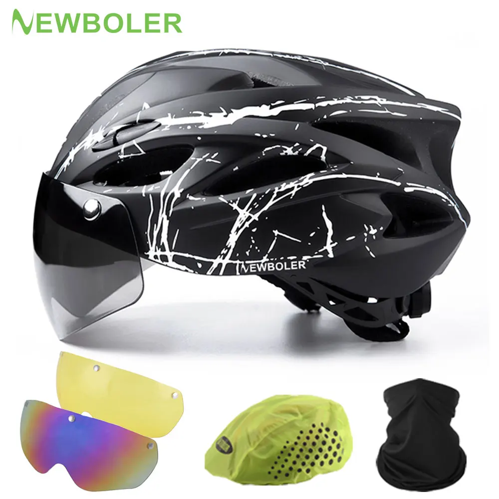 NEWBOLER Cycling Helmet Man Women Safety Helmet Outdoor Motorcycle Bicycle Helmet Removable Lens Visor Mountain Road Bike Helmet