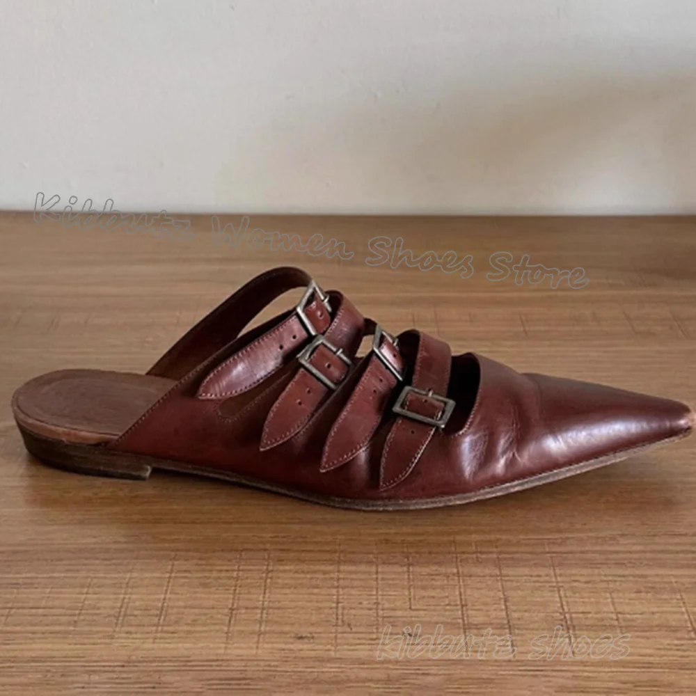 Belt Buckles Leather Slipper Sandals Solid Color Pointed Toe Flat with Fashion Concise Elegant Luxury Women Summer Shoes Newest