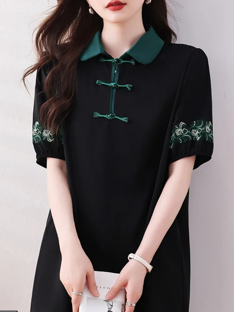 #2838 Summer Black Vintage Blouse Women Polo Collar Buttons Chinese Style Short Sleeve Blouse Female Loose Elegant