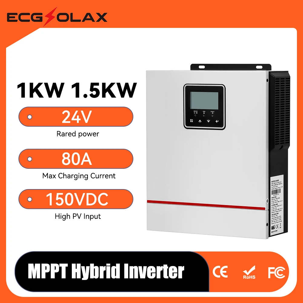 ECGSOLAX 1KW Solar Hybrid inverter 12V 24V 220V 1000W Hybrid Solar inverter With MPPT 80A Charging Controller Max PV 150V