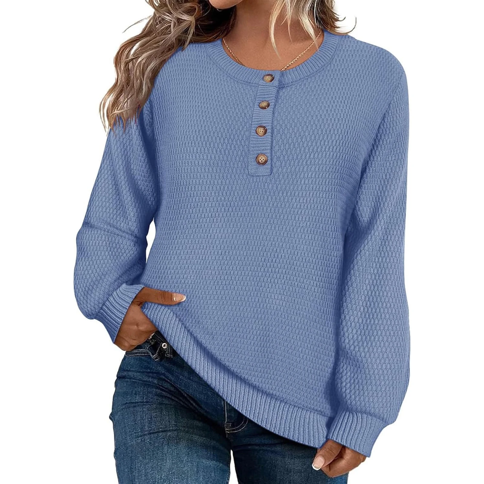 

Women'S Loose-Fitting Solid-Color Button-Up Long-Sleeved Round-Neck Pullover Knit Sweater Top Ropa De Mujer Sweater De Mujer