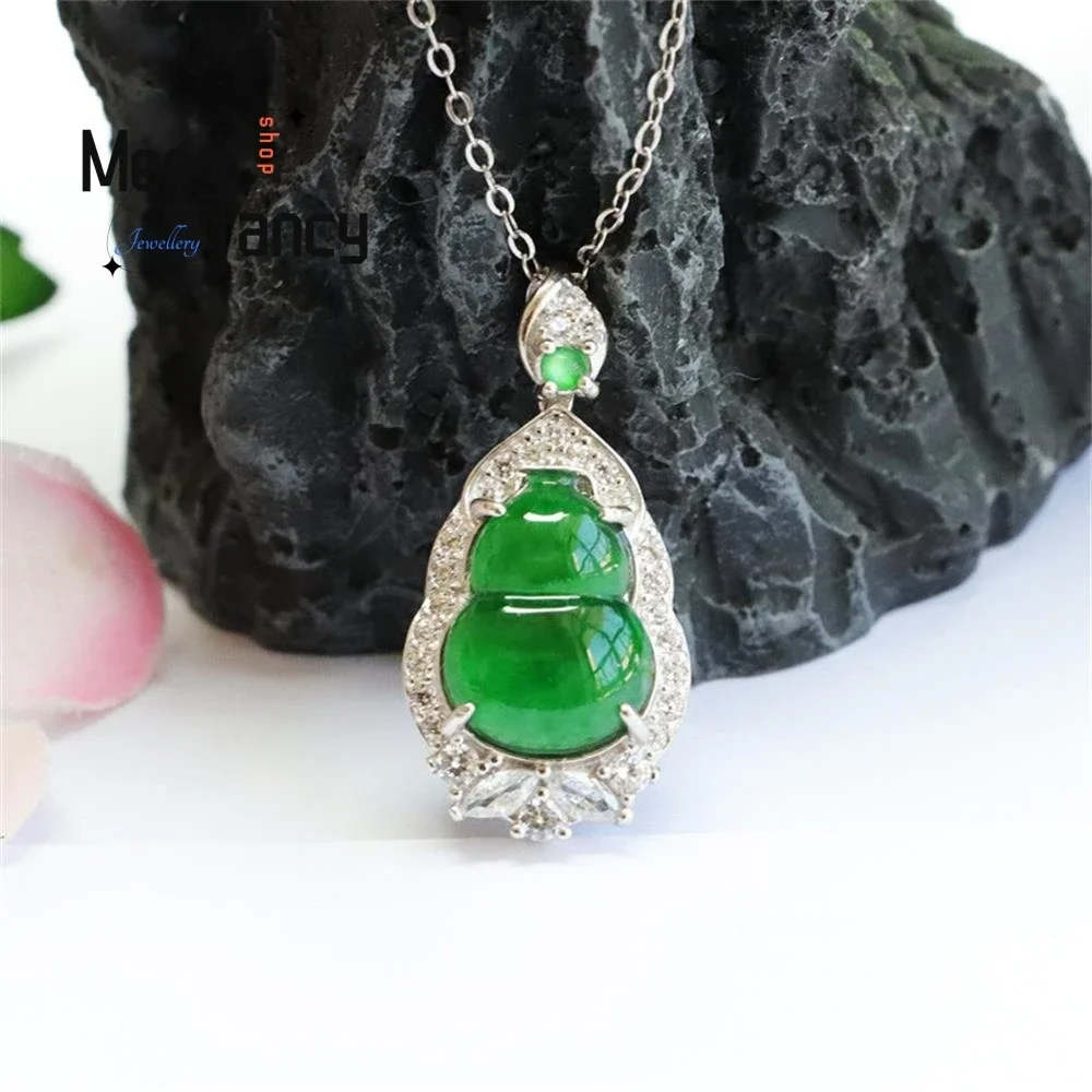 S925 Silver Inlaid Natural Jadeite Ice Type Imperial Green Gourd Pendant Exquisite Elegant High-grade Charm Fashion Fine Jewelry