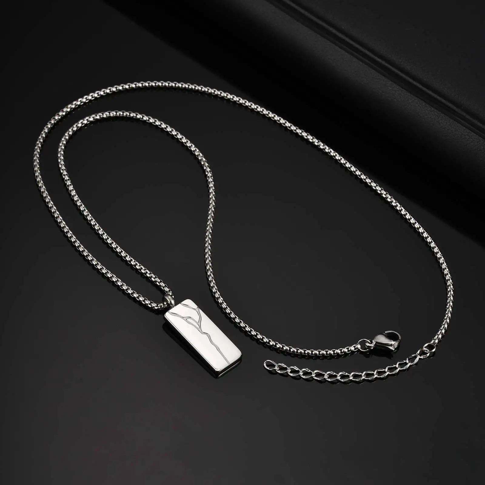 Vnox Cracked Square Pendant Necklace,  Adjustable Length Chain Pendant, Black Stainless Steel Jewelry Gifts for Men Husband Son - Image 5