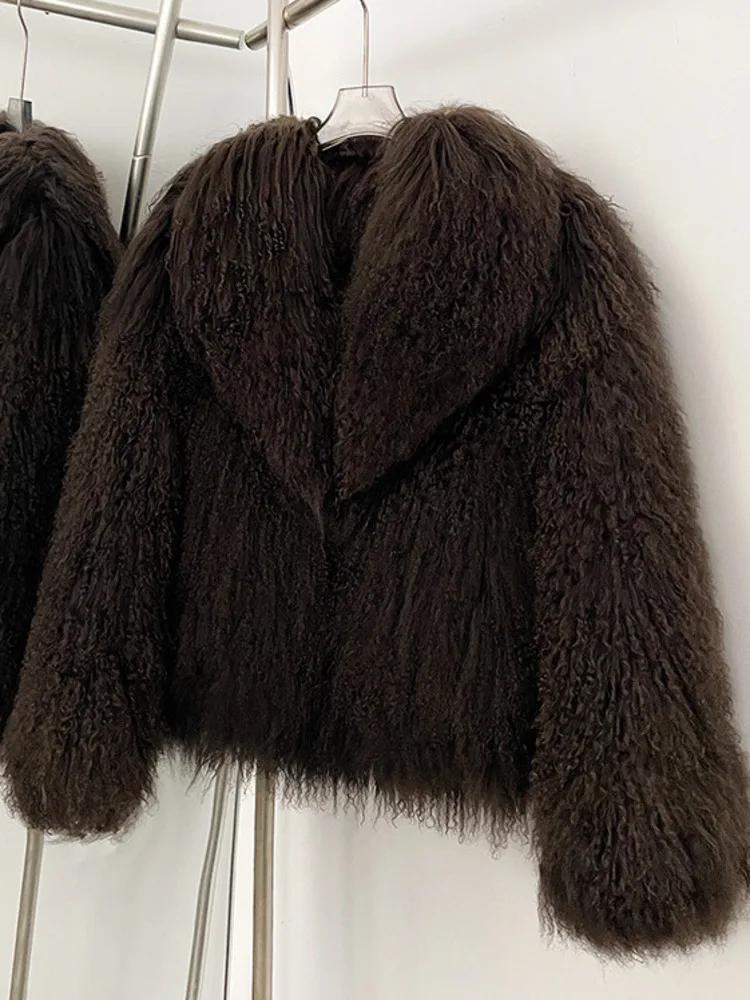 ZMEENNA Donkerbruin Krullend Lamswol Nepbontjas Voor Vrouwen Stijlvolle Shaggy Oversized Cropped Jas Gezellig Warm ZM4050