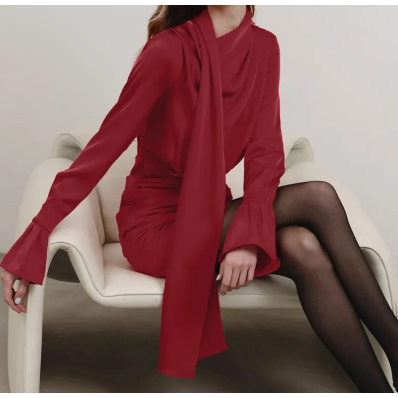 Elegant Dress for Women 2026 Autumn and Spring Scarf Collar Draped Front Long Sleeve Office Dresses Long Sleeves Bodycon Skirt