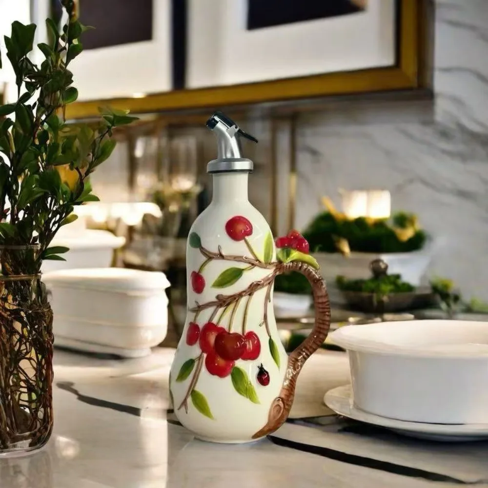 Pote de tempero de cereja em relevo, utensílios de cozinha domésticos de cerâmica de esmalte, pote de vinagre, material de garrafa de óleo pote de vinho