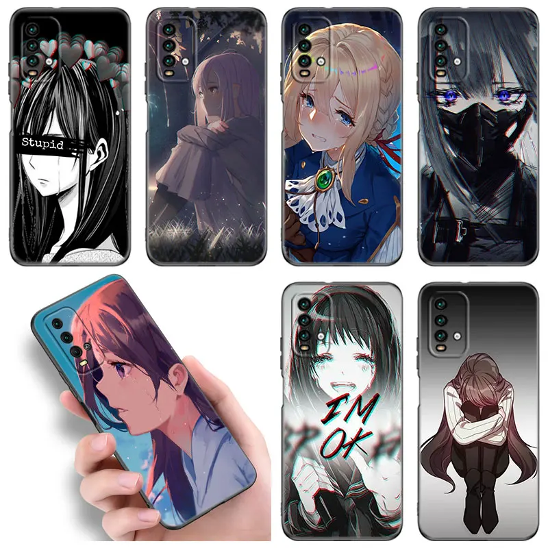 Sad Girl Anime Phone Case For Xiaomi Redmi 7A 8A 9A 9C 9i 10A 10C K20 K40 Note Mi 9T Pro A2 8 9 SE Lite A3 Mix3 6X Black Cover