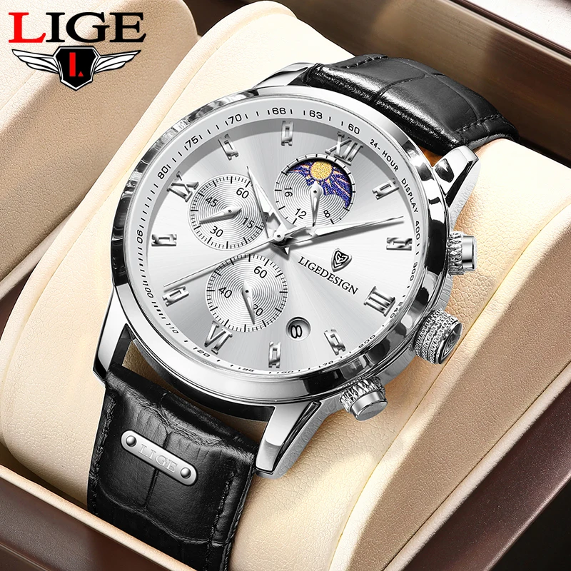 

LIGE Men's watches business moon phase calendar women's quartz wrist watch fashion leather luminous men sports watches reloj+BOX