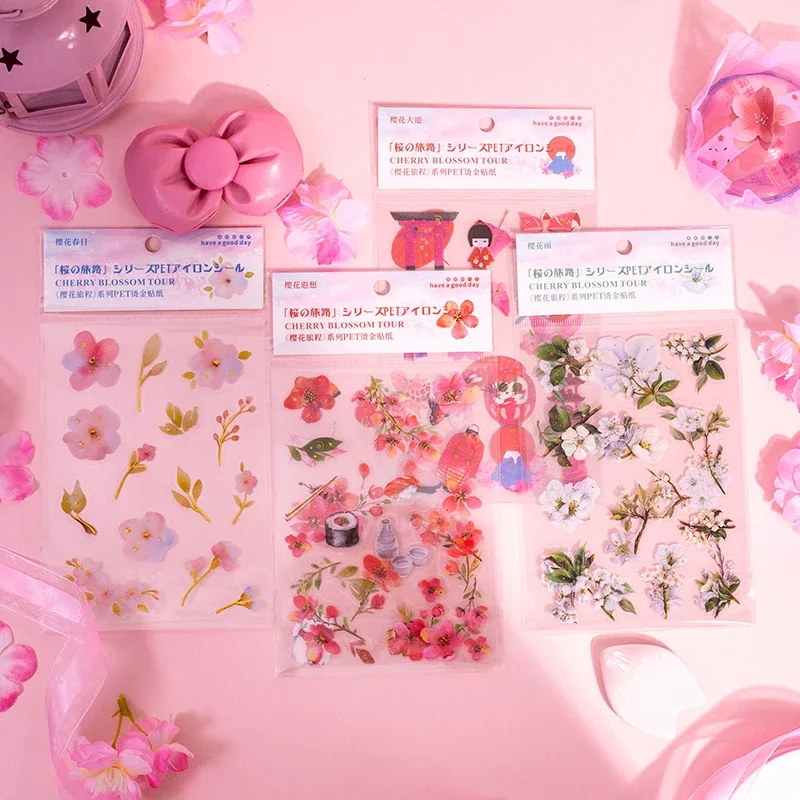 2Sheet Fresh Floral PET Hot Gold Stickers Cherry Blossom Journey Series Journal Decoration Supplies Vintage Style Cute Stickers