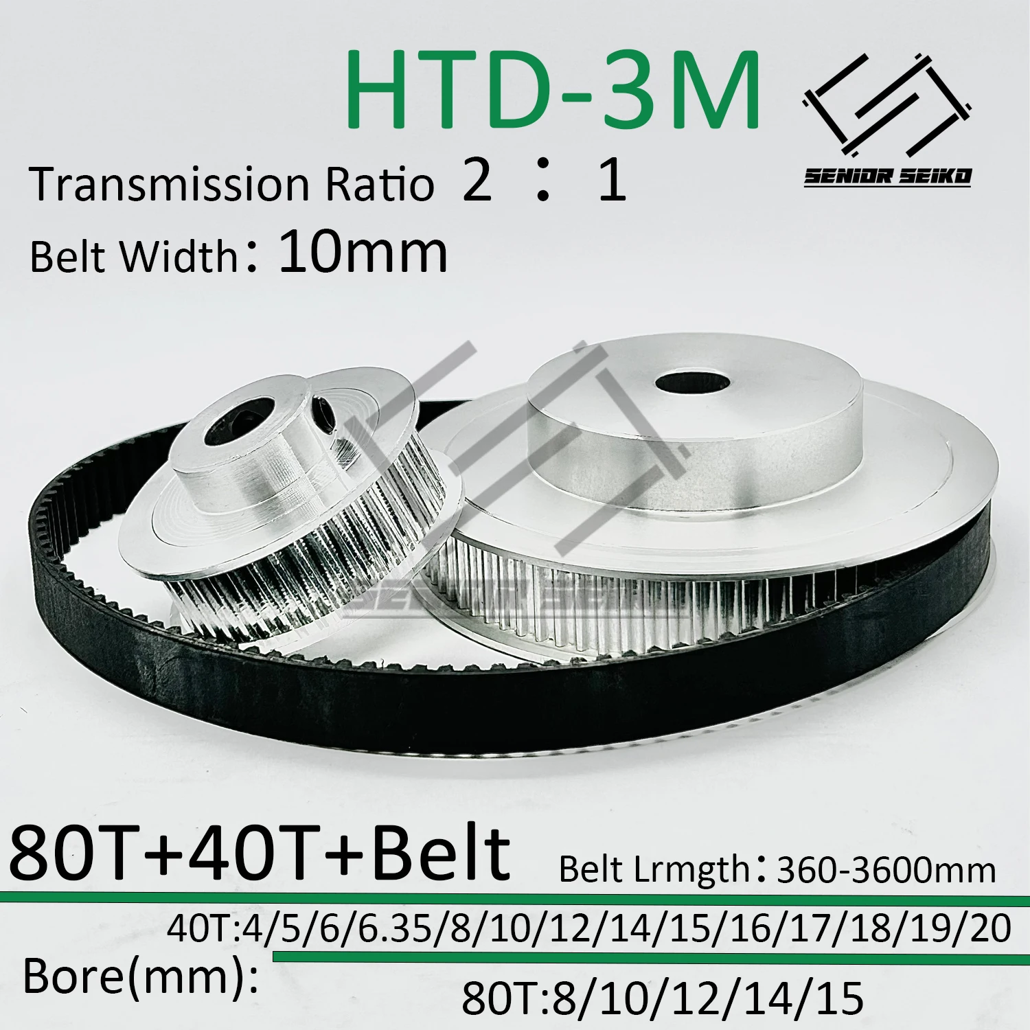 HTD3M 80Teeth 40T Timing Pulley Belt Set Belt Width 10mm Bore 4~20mm Reduction 2:1  3M Pulley Kit Synchronous Wheel