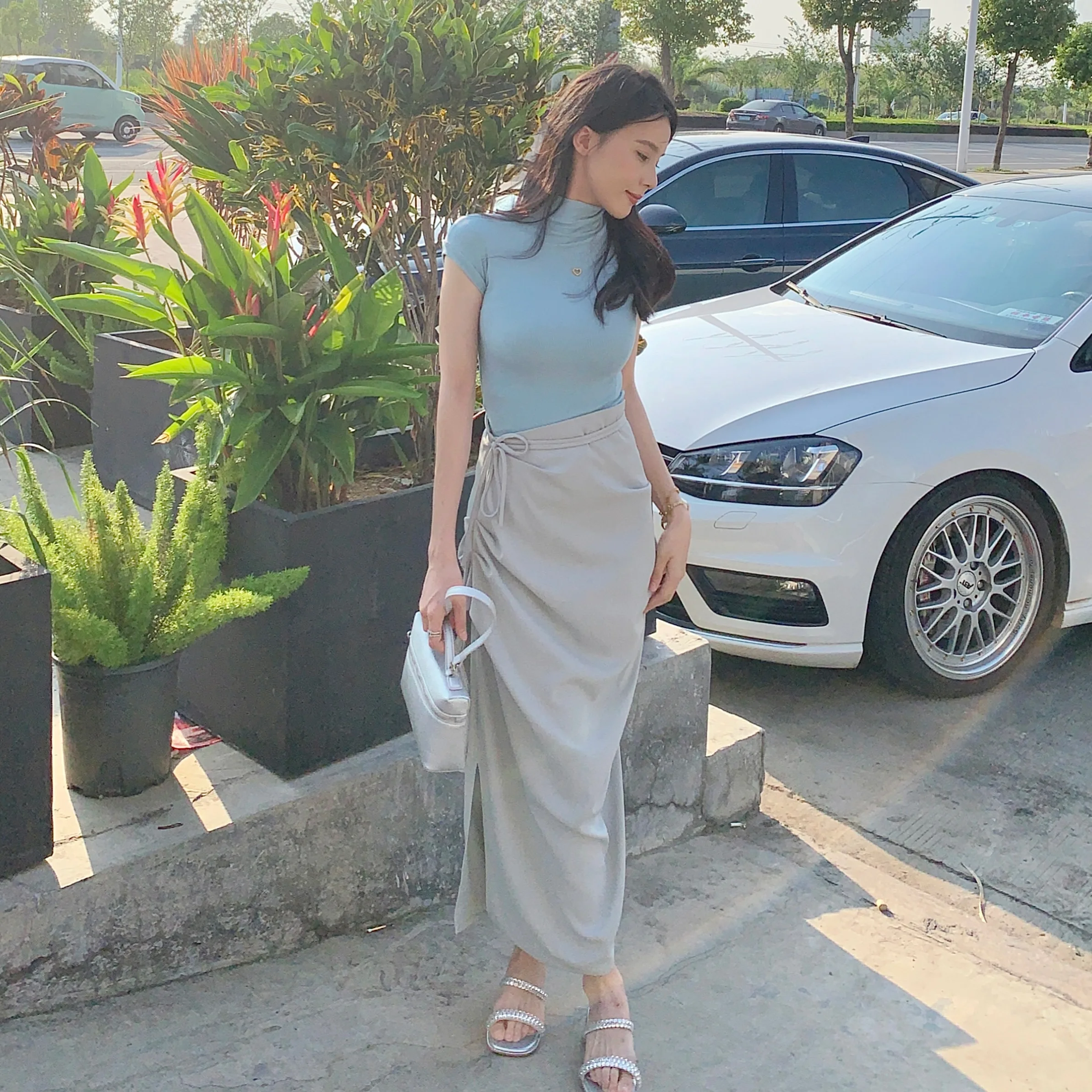 

High Waist Asymmetrical Pleated Skirt Women's Summer Faion Design Belted Skirts Slimming Effect f-length Skirts