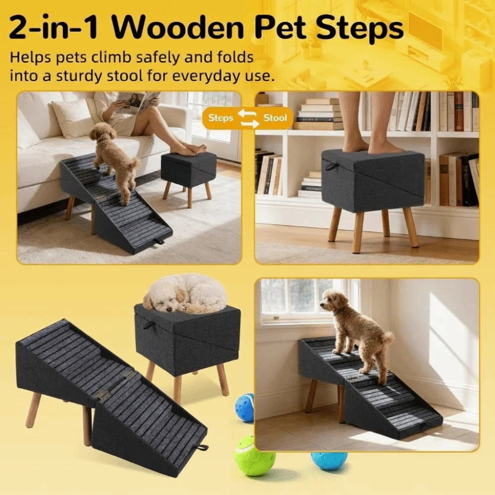 Climbing Ladder Foldable Dog Staircase Solid Wood Non-Slip Ramp Dog Ladder Anti-Slip Portable Pet Stairs Couch Access