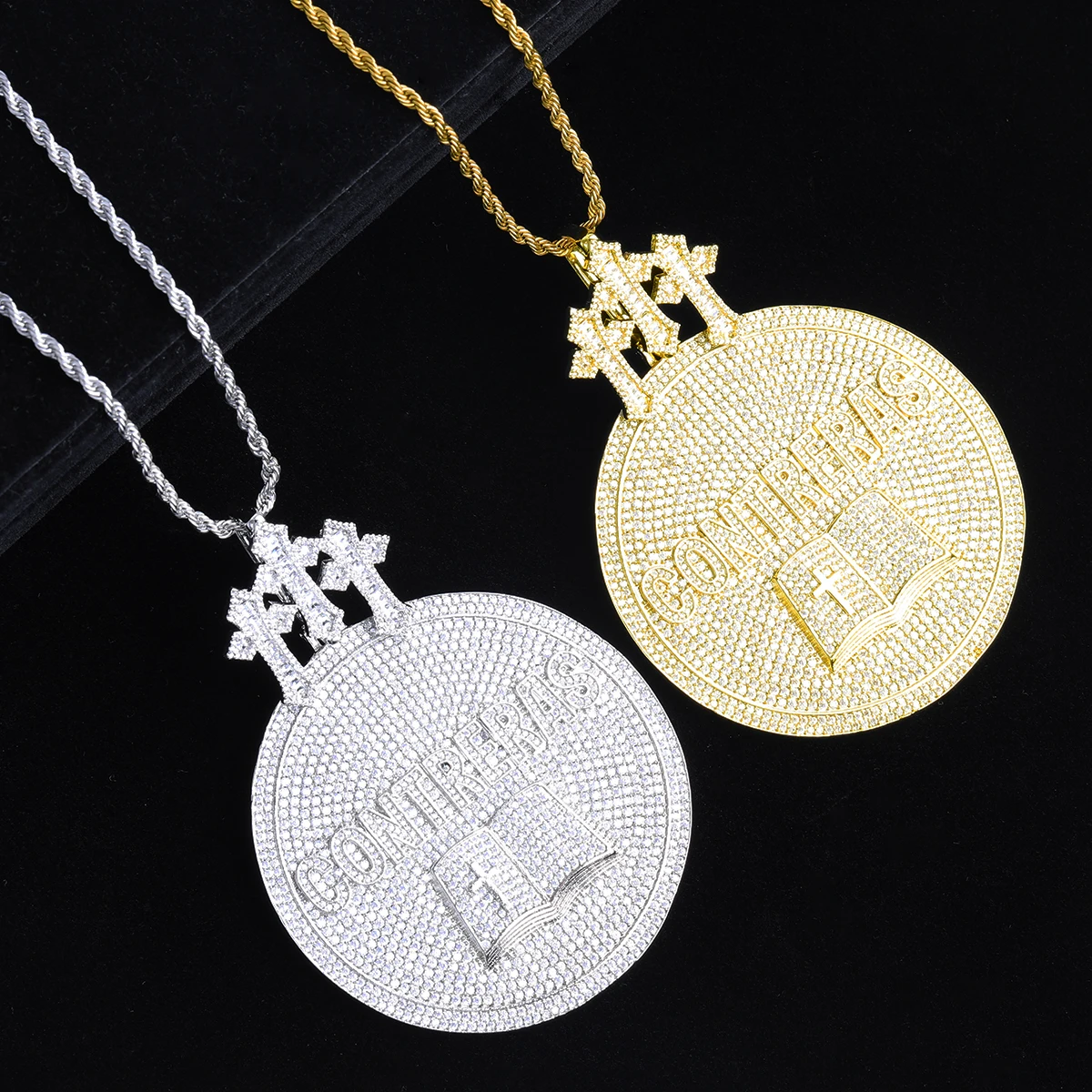 Aokaishen Iced Out Triple Cross Bail Contreras  Book Disc Necklace Pendant for Men Real Gold Plated Hip Hop Jewelry