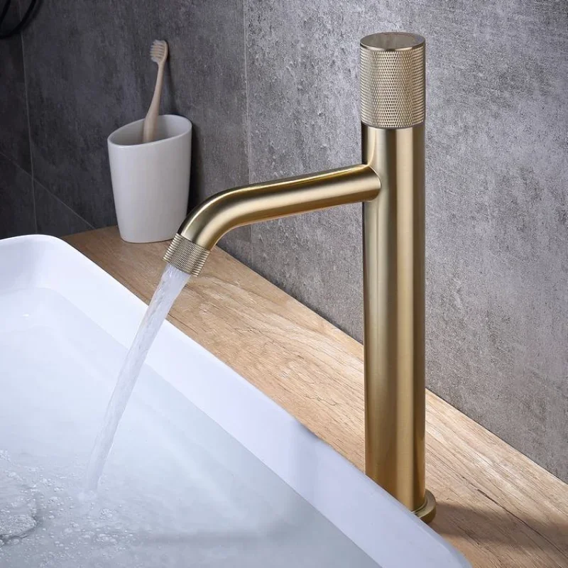 

Knurled Handle Brushed Gold Brass Bathroom Basin Faucet Cold And Hot Mixed Water Faucet