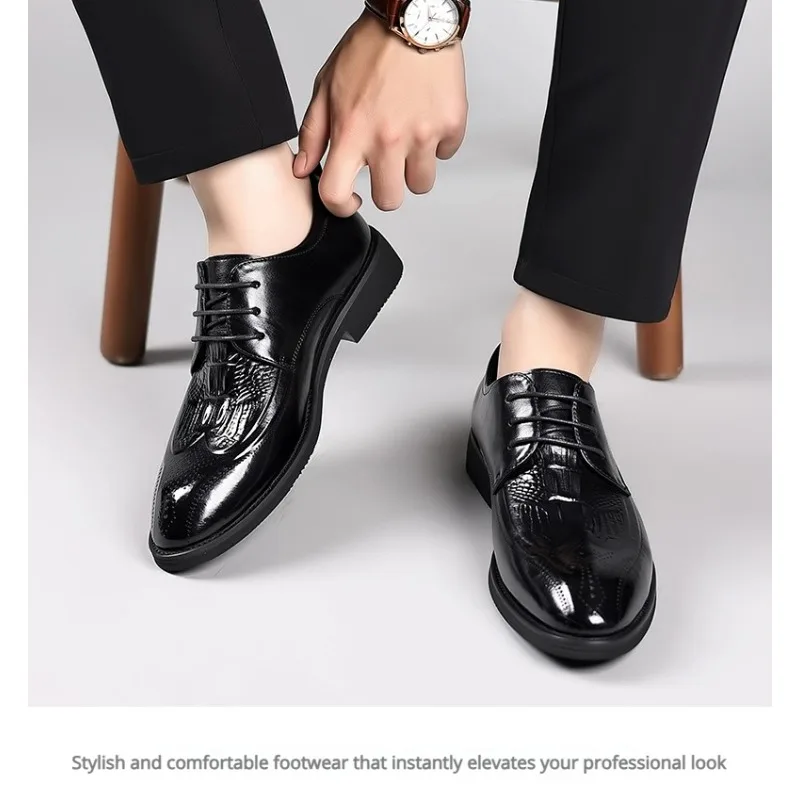 

Men's Leather Shoes Formal Dress Pure Color Pointed Toe Lace-up High-quality Flat Heel Durable and Slip-resistant Casual Shoes