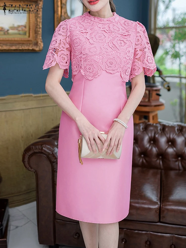 ZANZEA Fashion Summer Patchwork Dresses Women Elegant Party Dress Short Sleeve Work OL Sundress Solid Satin Midi Robe Vestidos