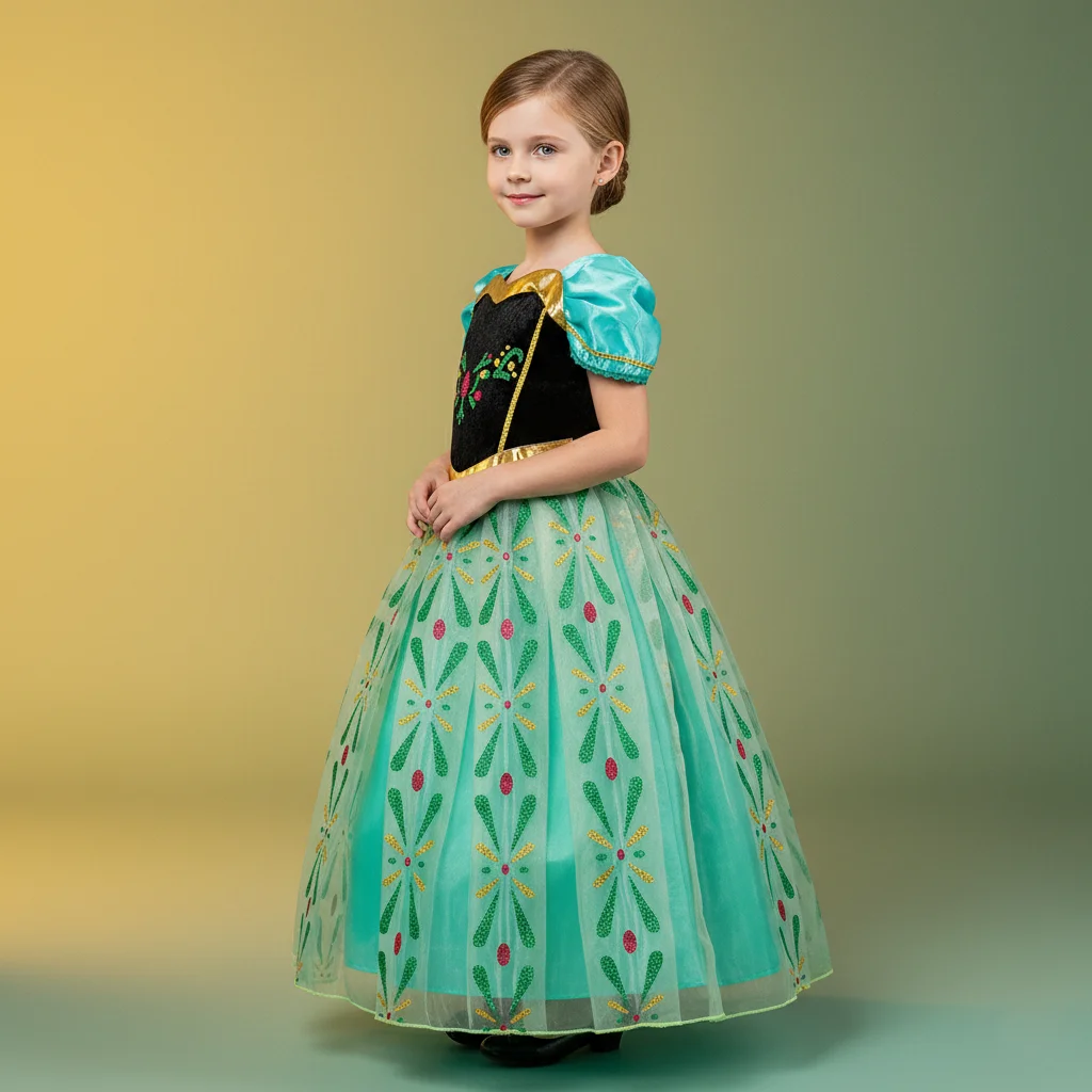 Vestido de Tul Satinado Suave con Detalles en Verde para Fiestas de Primavera y Verano, con Mangas Abullonadas y Estampado Duradero para Niñas