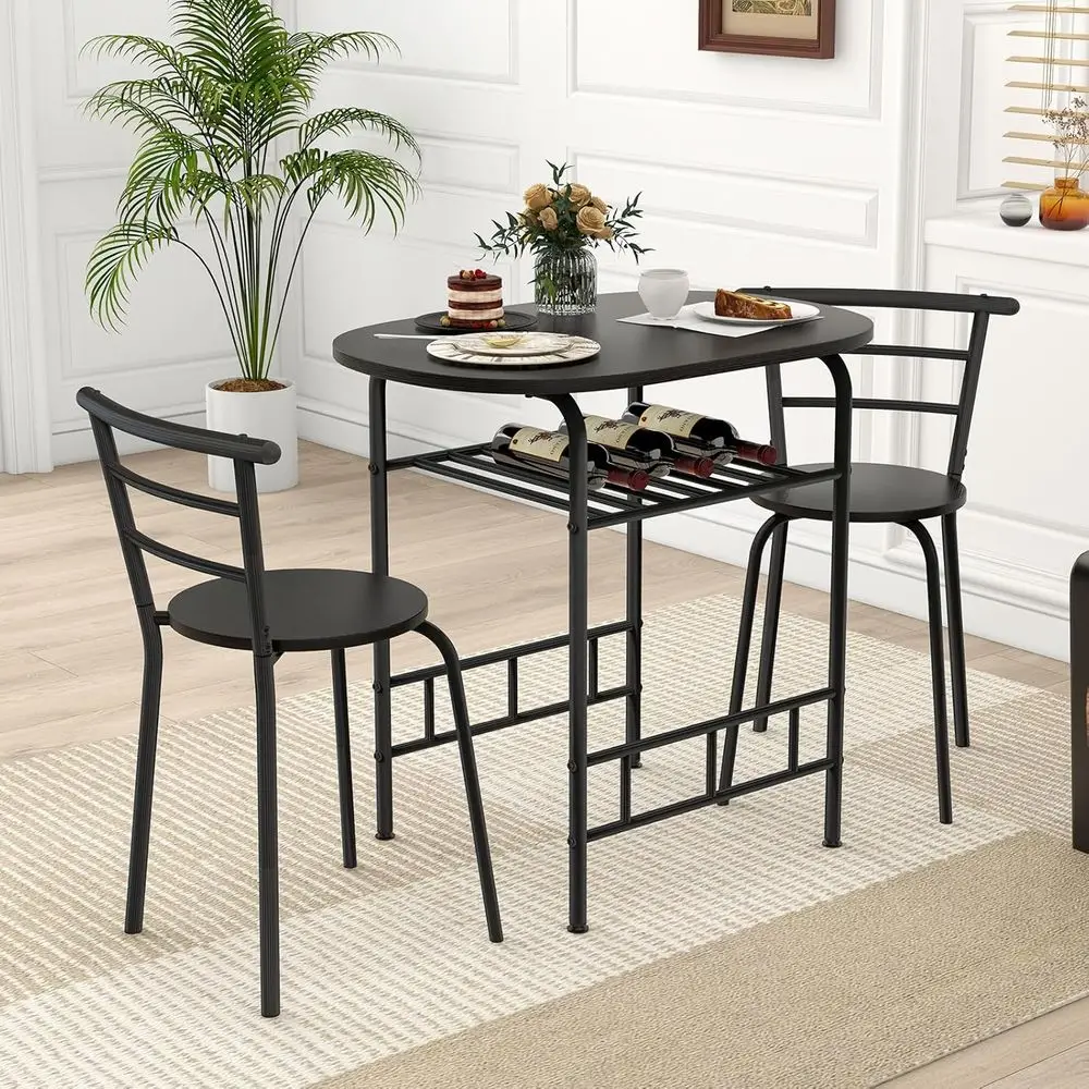 

3-Piece Dining Table Set, Kitchen Table and 2 Chairs with Wine Rack, Metal e, Space-Saving Dinette Set, Breakast Nook Table Set