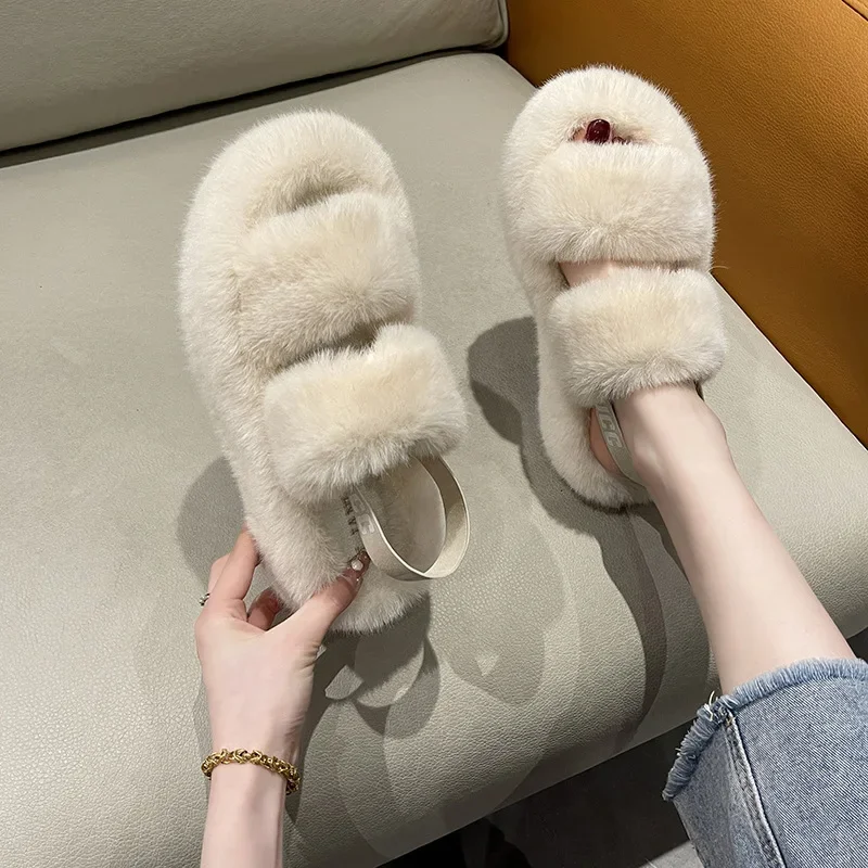 Winter Candy Color Thick Bottom Non-slip Home Cotton Slippers Big Size Casual Hairy Slippers Women Fashion Versatile Warm Shoes