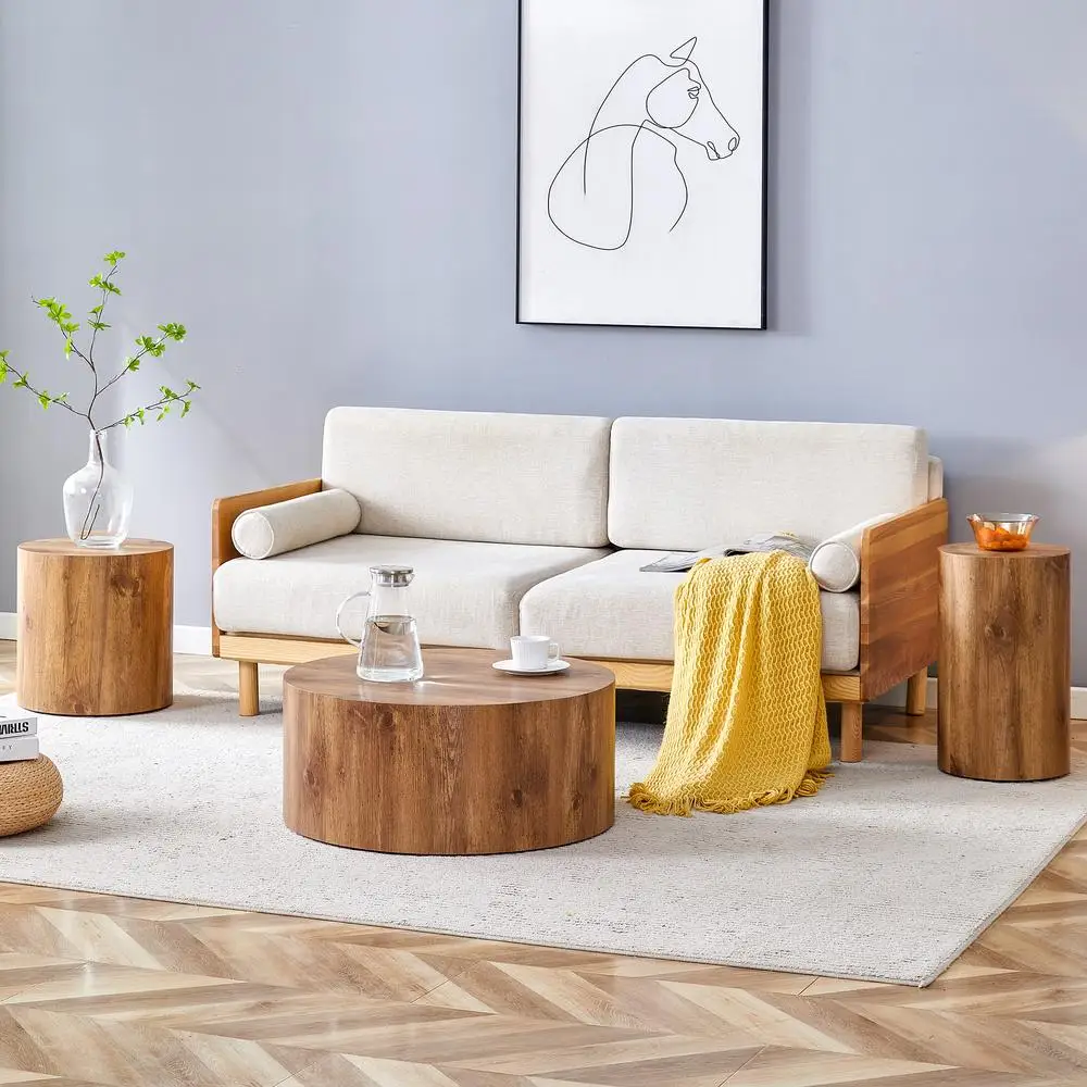 Tavolini cilindrici in MDF Set di 3 tavolini con accenti impilabili con motivo a venature del legno Mobili da soggiorno moderni e minimalisti
