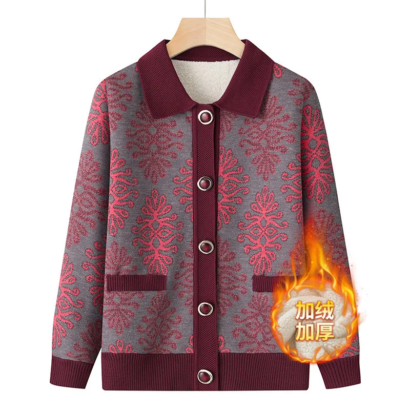 

Толстый флисовый женский вязаный свитер, пальто, осенне-зимняя одежда, вязаный кардиган с лацканами для пожилых женщин среднего возраста, куртка, топы